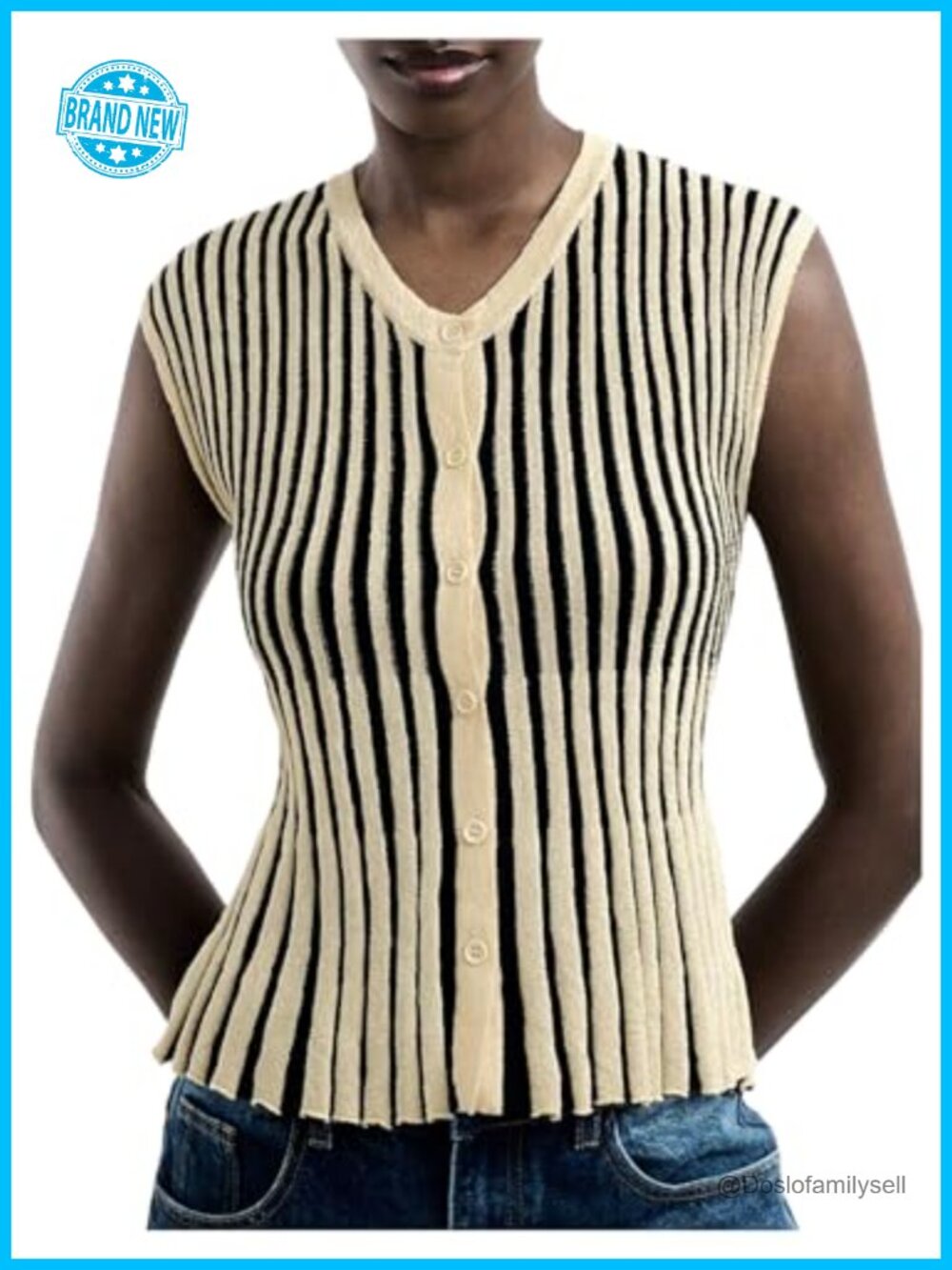 Striped Sweater Vest V Neck Button Down Sleeveless Knit Cardigan
